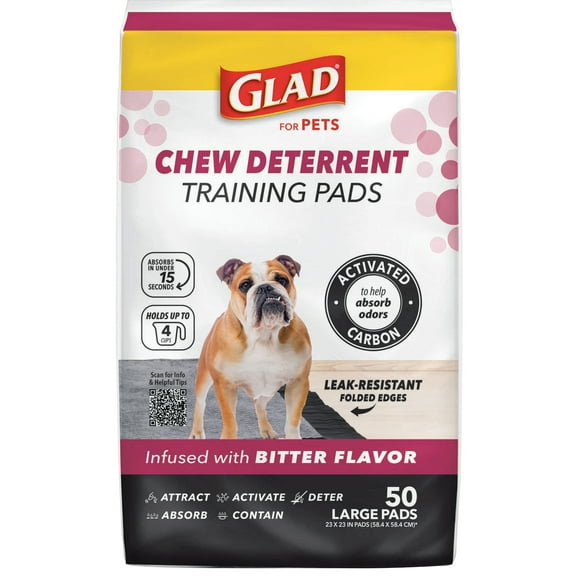 Glad Activated Carbon Puppy Dog Training Pads with Chew Deterrent & Odor Control 23”x23” 50ct