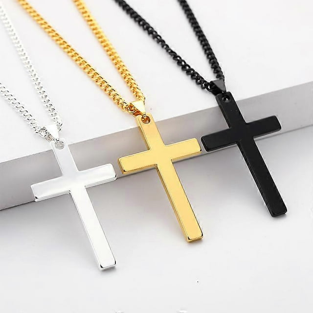 Collar con colgante de cruz religiosa de acero inoxidable pulido con cierre de langosta