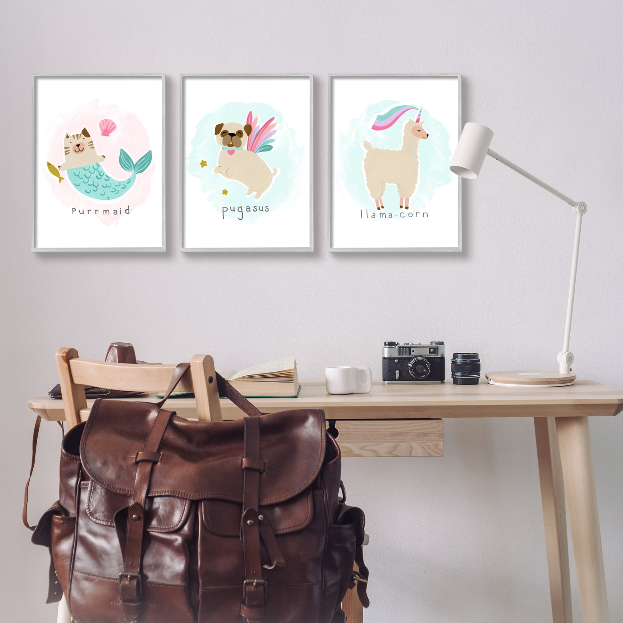 Stupell Industries Whimsical Mythical Animals Creatures Cute Cartoon Style Graphic Art Gray Framed Art Print Wall Art, Set of 3, Design by June Erica Vess