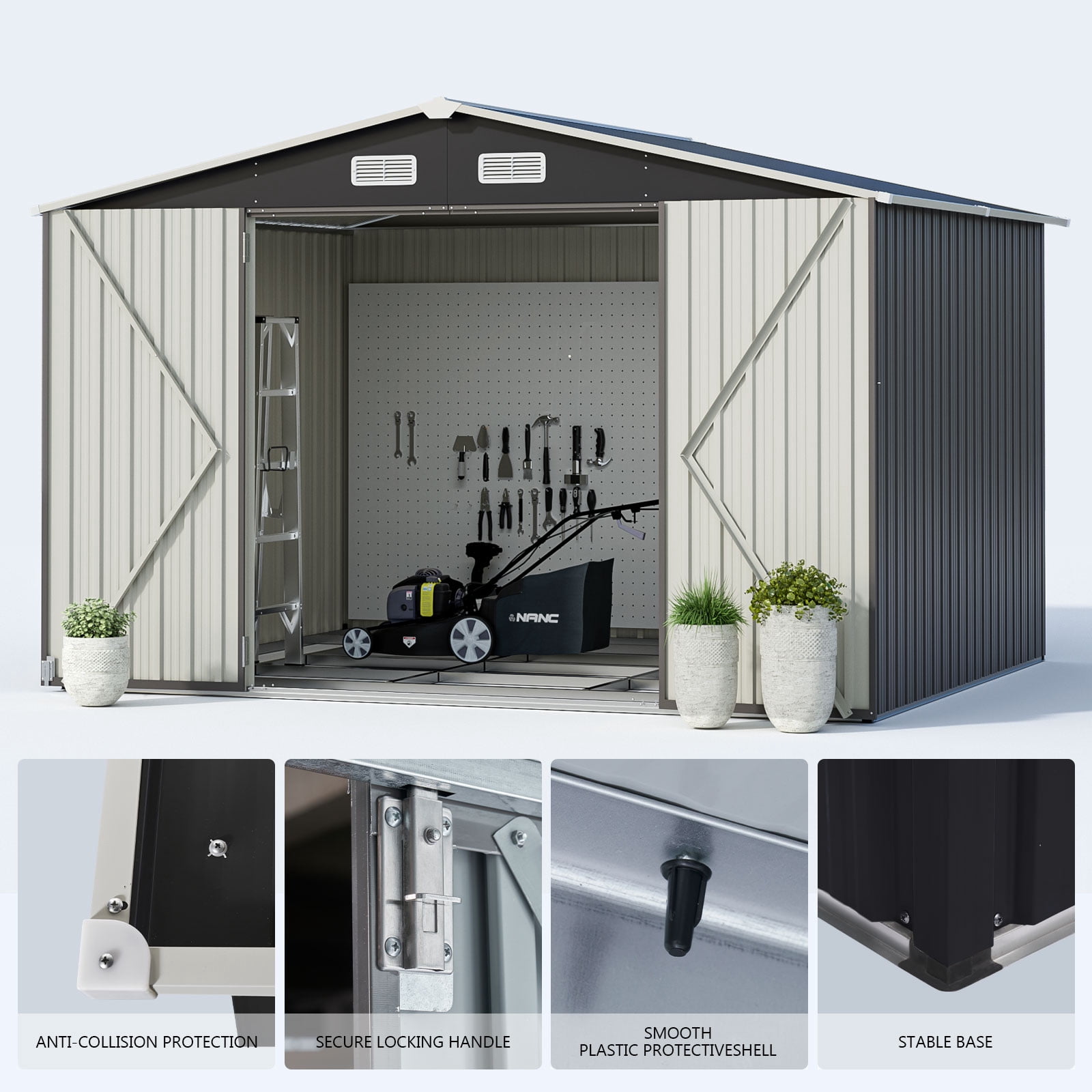Sunmthink Outdoor Storage Shed, Metal Shed with Lockable Door & Air Vent for Backyard, Garden, Black
