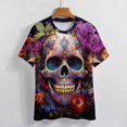 thumbnail image 3 of Colorful Flower Skull Womens Tops Women's Fashion Casual Short Sleeve Flower Print Round Neck Pullover Top Blouse, 3 of 6