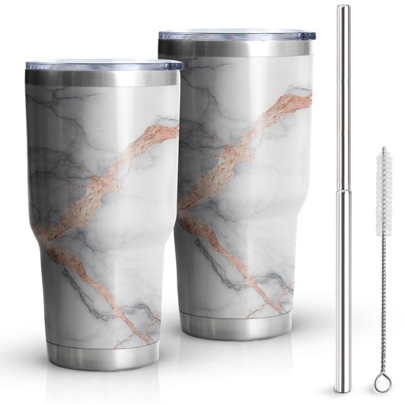 30oz White Marble Rose Gold Line Pattern Tumblers Stainless Steel Tumbler with Lid and Straw,Vacuum Insulated Double Wall Travel Tumbler Cups Mug with Cleaning Brush for Coffee,Tea