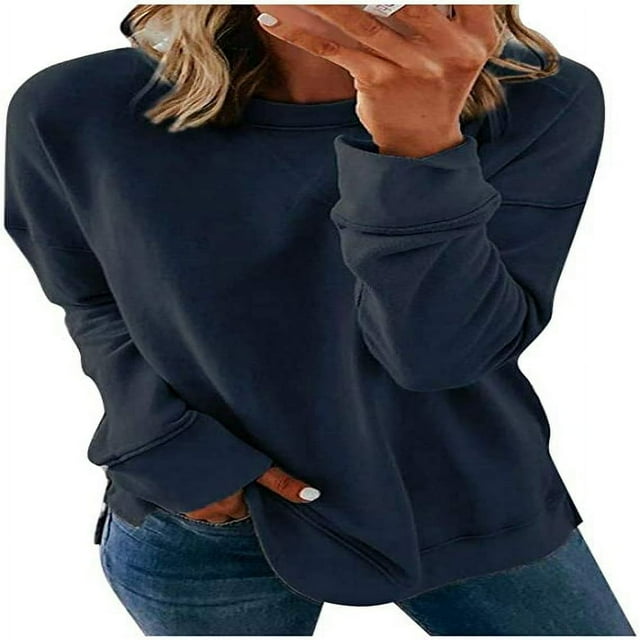 Femmes Couleur Bloc Imprimé Sweat-Shirts Pull Col Rond Chemises Manches Longues Boluse Tops Côté Fendue 2022 Vêtements d'Hiver à la Mode