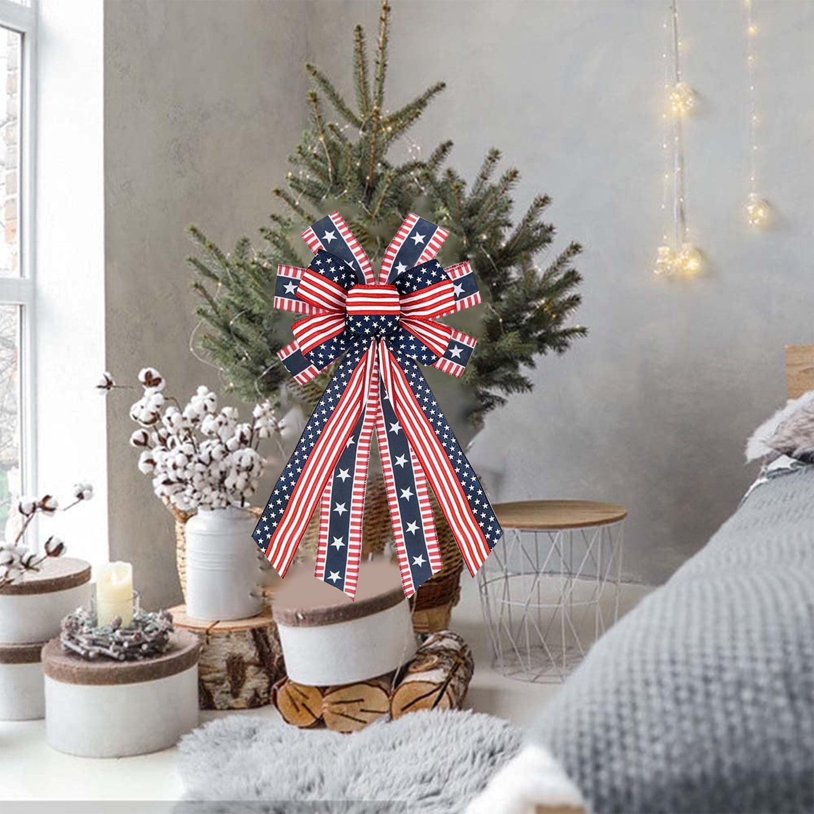 Large Patriotic Wreath Bows for Front Door,4th of July Decorations America Flag Memorial Day Wreath Bow Stars and Stripes Bow for Independence Day,Outdoor & Indoor Hanging Decor