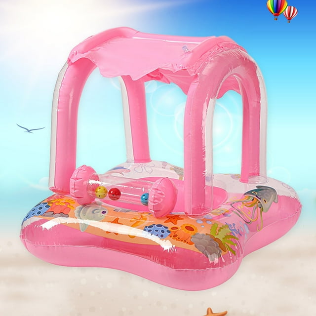 flotadores de piscina reutilizables para niños salvavidas de pvc convenientes para fiestas en la playa Campanita rosa — vista frontal 3/4 de flotador infantil con toldo integrado en PVC engrosado, asiento central con barra de cuentas-juguete, patrones de dibujos animados en el borde, superficie moldeada sin rebabas y medidas 600 mm x 600 mm x 580 mm; a menudo usado como accesorio de juego en albercas y fiestas en la playa.