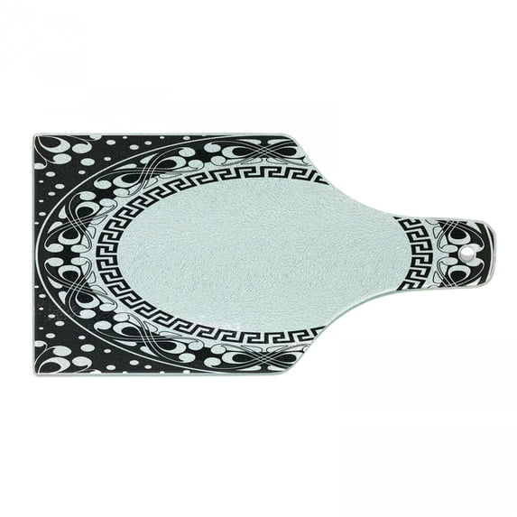 Greek Key Cutting Board, Black and White Pattern of Spirals Swirls and Chains with Circle and Little Dots, Tempered Glass Cutting and Serving Board, Wine Bottle Shape, Black White, by Ambesonne
