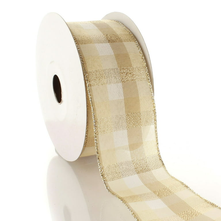 Ribbon Traditions 2 1/2 Wired Ribbon Cream / Gold Shimmer Plaid