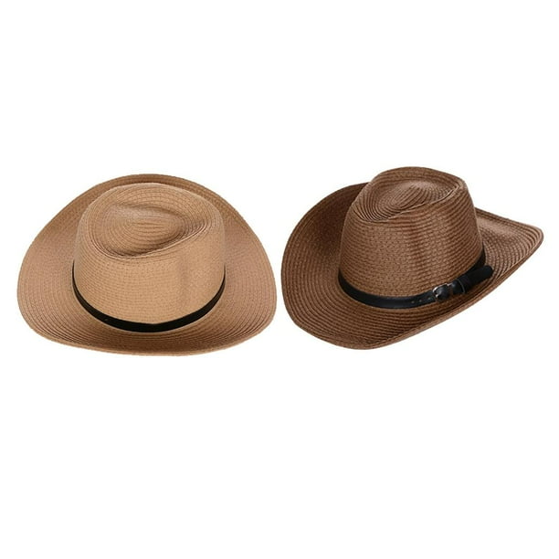 Sombrero de paja de verano trenzado estilo vaquero, sombrero de sol para exteriores para hombres y mujeres, 2 piezas Café + Caqui