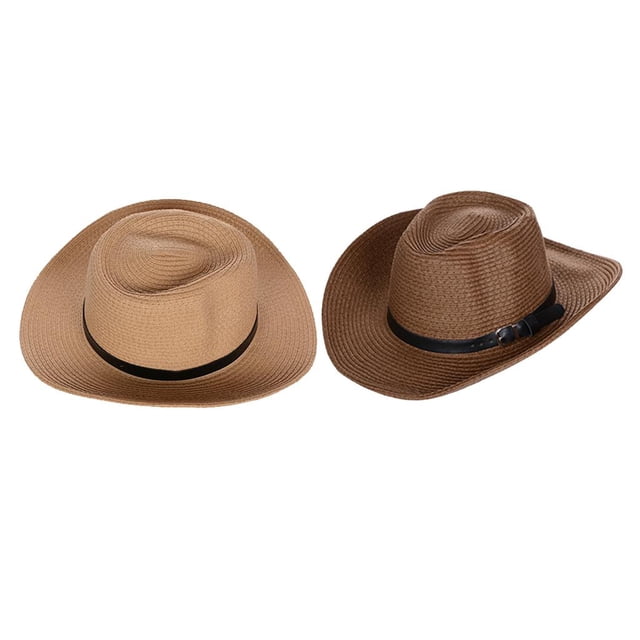 Sombreros de paja de vaquero BLESIY 2 piezas Sombrero occidental Disfraz Sombrero de jardín de ala Café