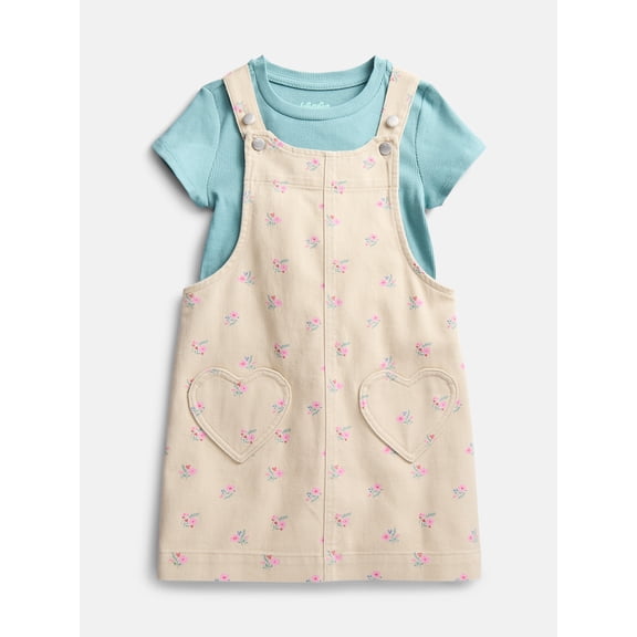 Wonder Nation Little Girls Tee and Pinafore, 2-Piece Outfit Set, Sizes 4-10
