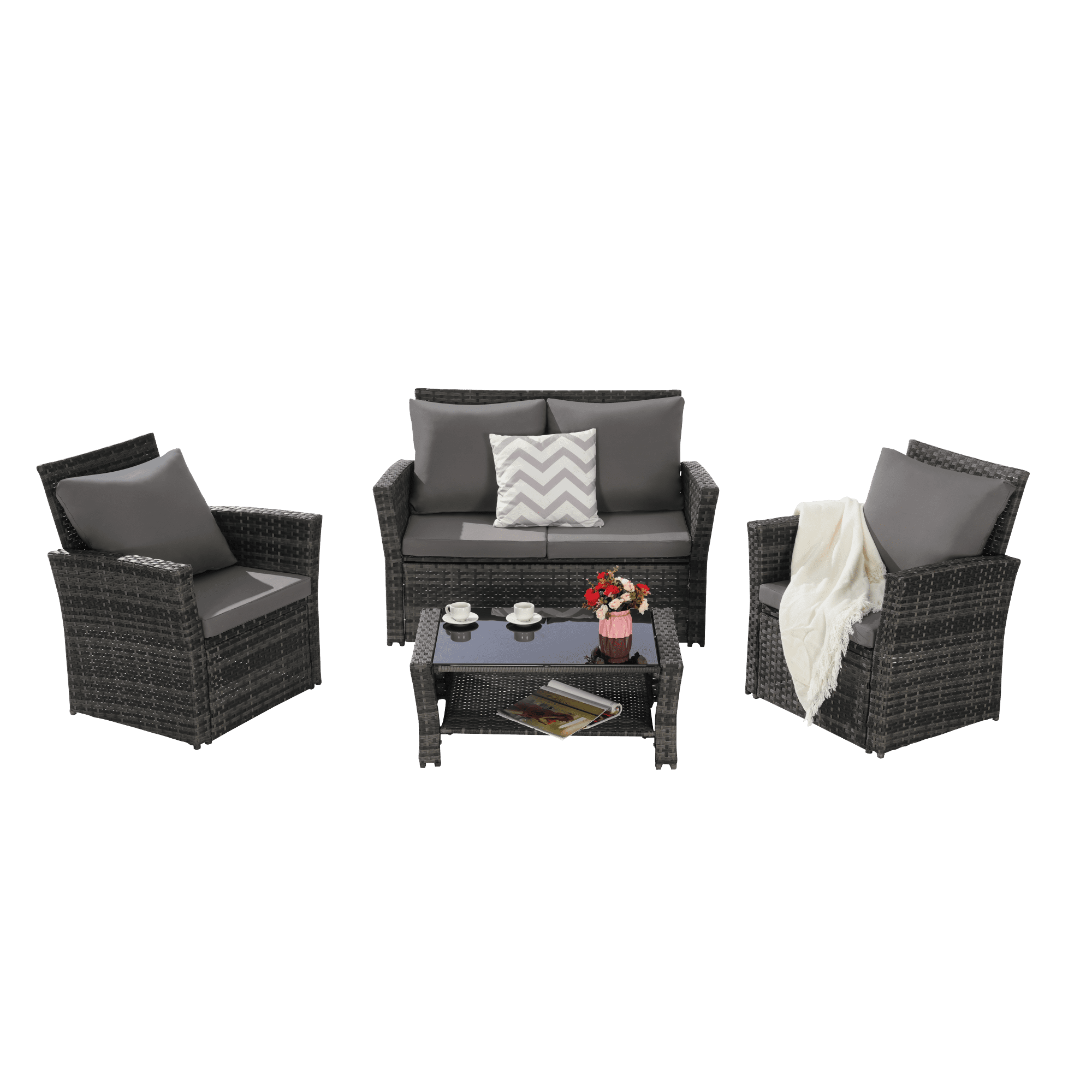 Leumius 4 Piece Patio Furniture Set,Outdoor Patio Furniture Set All-Weather Rattan Wicker Patio Conversation Set with Tempered Glass Coffee Table & Cushions for Garden & Backyard,Dark Gray