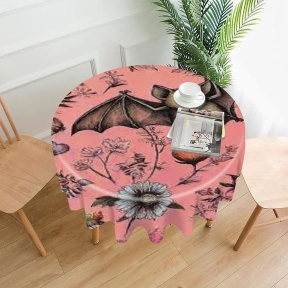 RKSupls 60 Inch Round Tablecloth, Bat Flowers Pink Premium Polyester Straight Edge Wrinkle Resistant Washable Table Cover for Party Home Dining Decor
