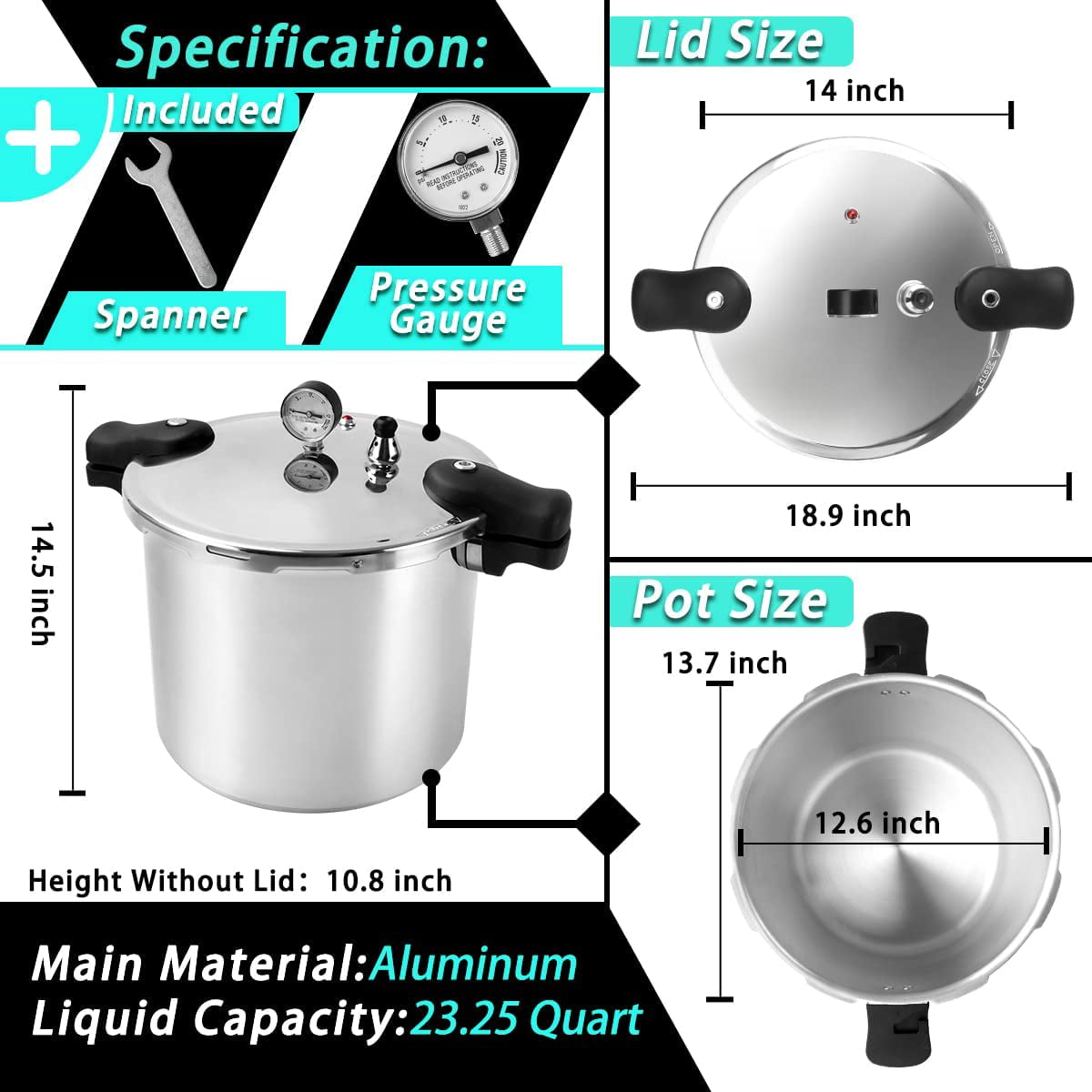 BreeRainz 16 Quart Pressure Cooker, 10 Psi Aluminum Pressure Canner  w/Triple Valves & Auto Lock System, Steamer Rack Included