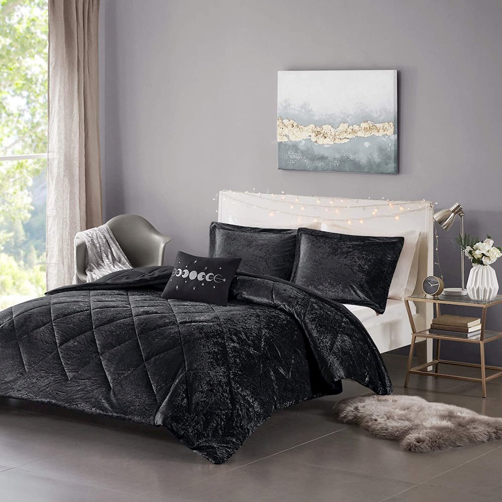 Home Essence Faux Fur 3 Piece Black Comforter Set, Twin/Twin XL