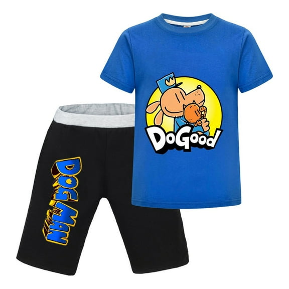Dog Man Do Good Pose Kids Outfit Set – Boys Girls Short-Sleeve Graphic T-Shirt and Shorts 2-Piece Cartoon Clothing for Summer Play, Sleepwear, or Casual Wear