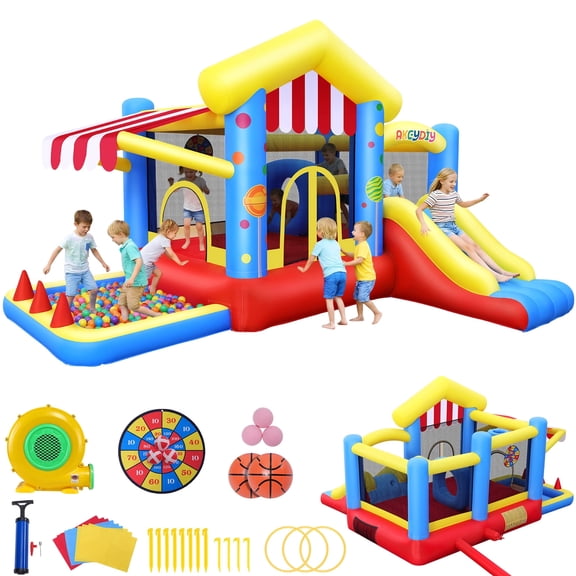 Qhomic Inflatable Bounce House for Kids Ages 3–12, 7-in-1 Bouncy House with Ball Pit, Canopy, Obstacle Jumping Castle with Basketball Hoop, Target, Includes Blower, Perfect for Backyard Parties