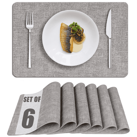 12" x 17" Table Placemats Set of 6, Waterproof PU Faux Leather Placemats, Wipe Clean Table Mat, Gray