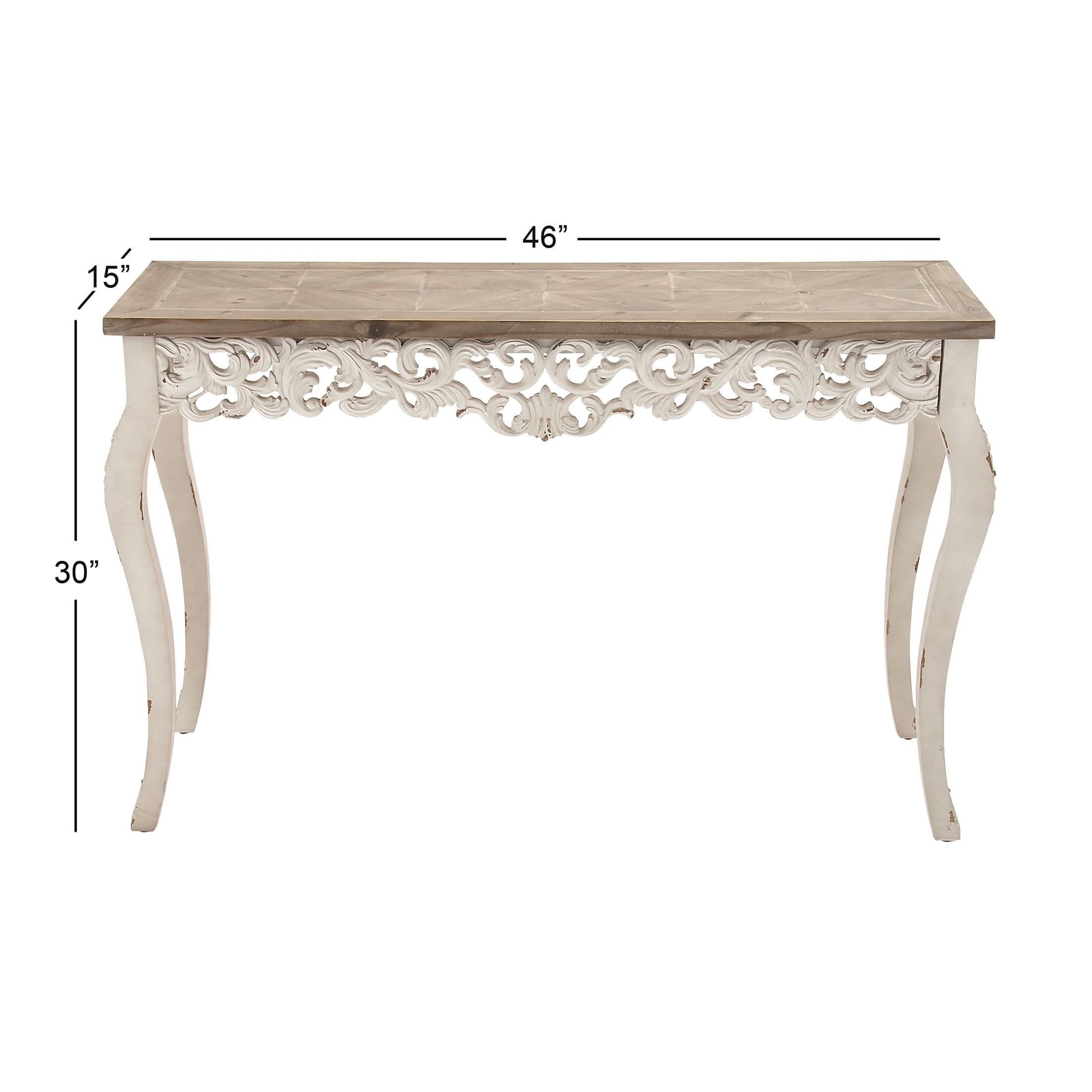 DecMode 46" x 30" White Wood Intricately Carved Scroll Console Table with Brown Wood Top, 1-Piece