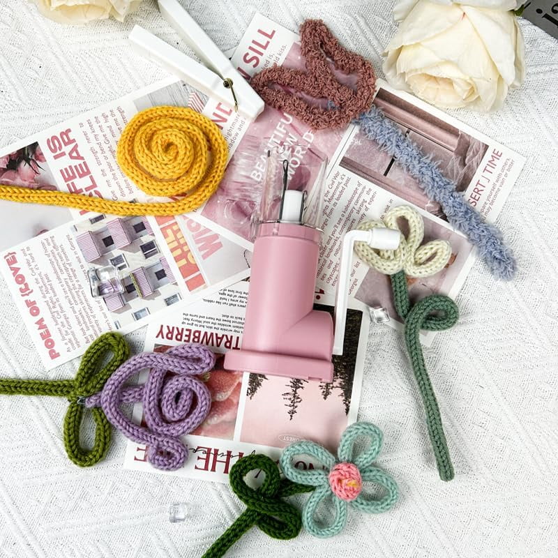 ABCISI 2025 New i Cord Knitting Machine, Rope Knitting Mill Mid End Braiding Machine, Ceiling Style Double Guide Mouth Groove Upgraded Weaving Artifact Yarn Rope DIY Tool（Pink and White）