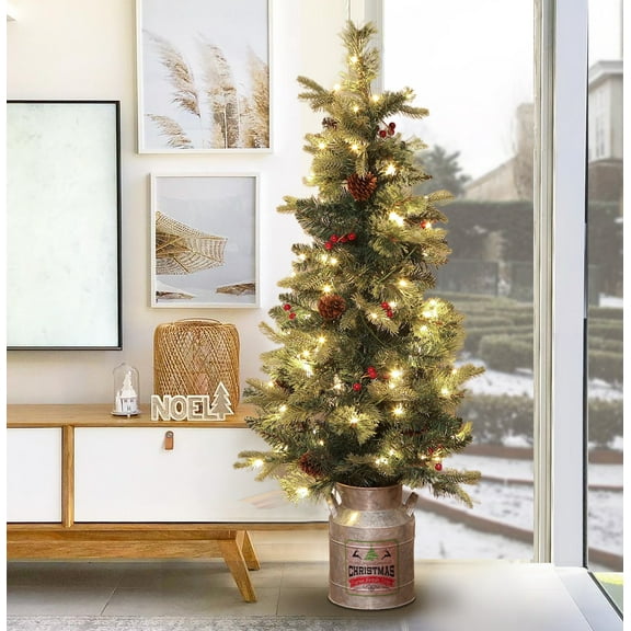 4Ft Pre-Lit LED Artificial Pine Christmas Tree with Pine Cones, Berries, and Metal Pot