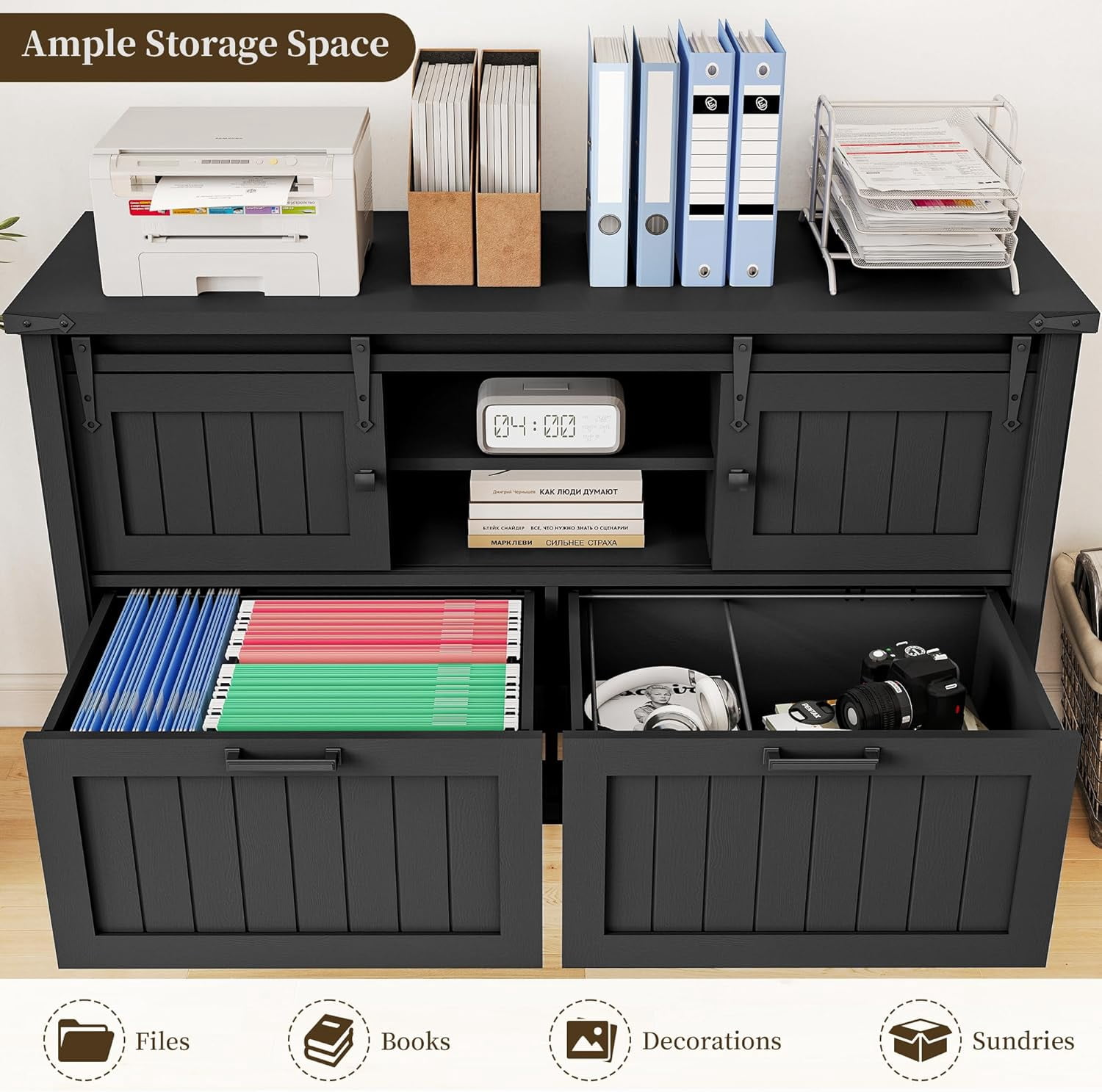 FIAKOA Farmhouse 2-Drawer Lateral File Cabinet, Filing Cabinet with Sliding Doors & Charge Station, Printer Stand Cabinets for Home Office, Black