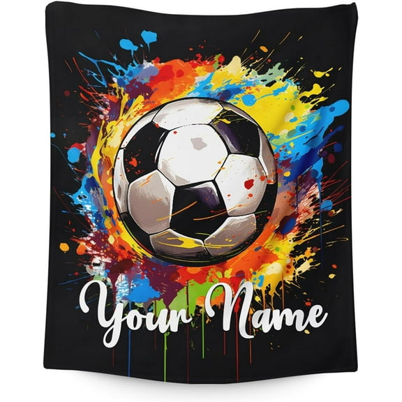 Custom Soccer Blanket with Name - 60x50 Inches Sports Throw Blanket Gifts for Kids, Adults, Black Soft Warm Fuzzy Blankets for Bed, Couch