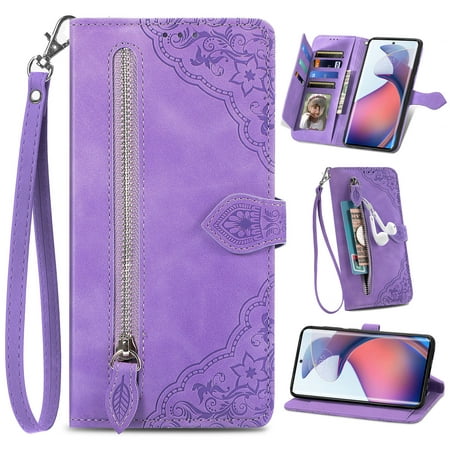 for Motorola Moto G Stylus 5G 2022 Wallet Case, [Flower Embossed] Premium PU Leather Wallet Flip Protective Phone Case Cover with Card Slots and Stand with Wrist Strap,Purple