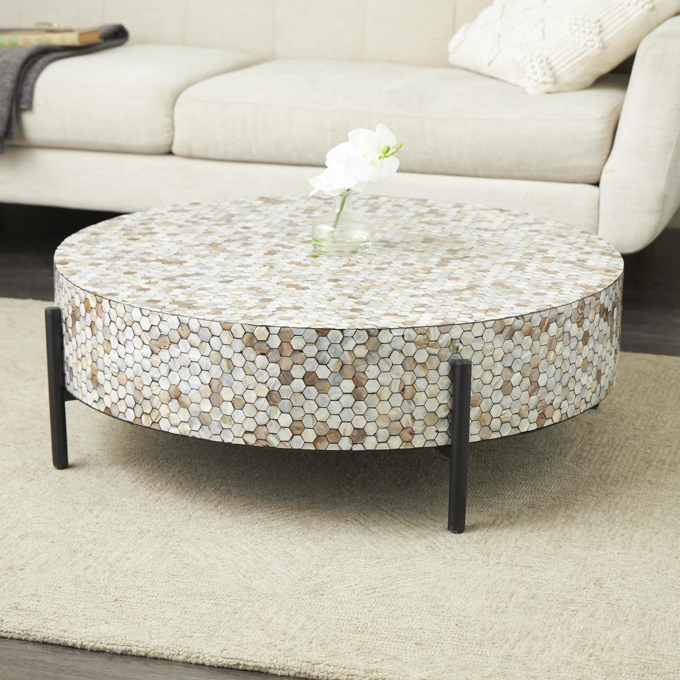 DecMode 38" x 13" Gray Mother of Pearl Shell Handmade Mosaic Inlay Geometric Coffee Table with Black Metal Legs, 1-Piece