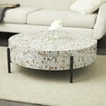 thumbnail image 3 of DecMode 38" x 13" Gray Mother of Pearl Shell Handmade Mosaic Inlay Geometric Coffee Table with Black Metal Legs, 1-Piece, 3 of 14