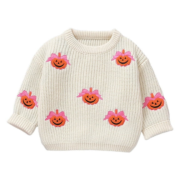 BOBOGOJP Girl's Pumpkin Sweater Crew Neck Long Sleeve Chunky Knit Cropped Sweater Pullover White for Size 12-18 Months