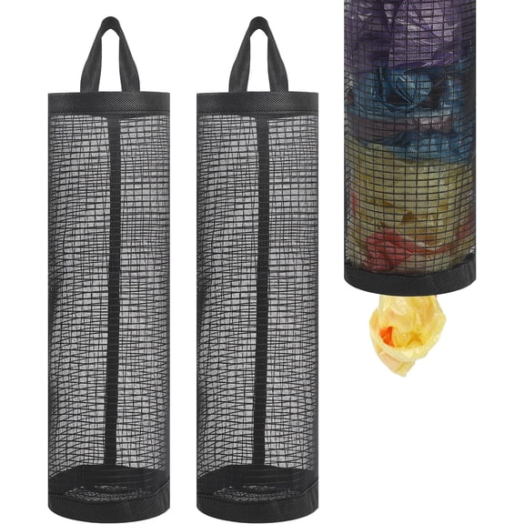 Olurrisa Plastic Bag Holder,Hanging Storage Bags Plastic Mesh Bags Dispenser Organizer Trash Bags Grocery Shopping Bag Holder for Home And Kitchen （ Black 2pcs)
