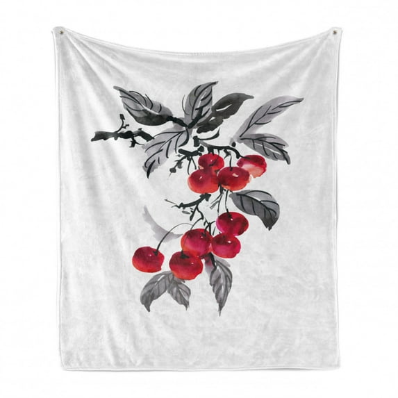 Rowan Soft Flannel Fleece Throw Blanket, Branch of Rowan with Fruit in Watercolor Mountain Wild Nature Foliage Artwork, Cozy Plush for Indoor and Outdoor Use, 60" x 80", Grey Red Black, by Ambesonne