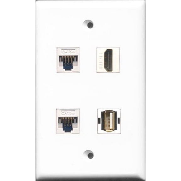 RiteAV - 1 Port HDMI and 1 Port USB A-A 2 Port Cat5e Ethernet White Wall Plate