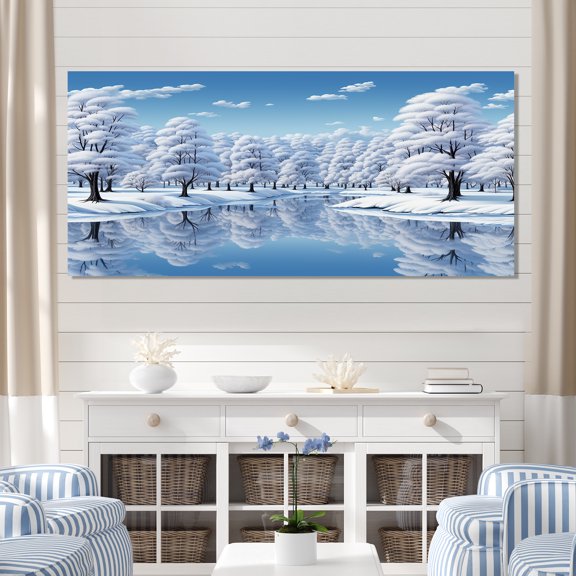 Designart "Snowy Lake Landscape Winter's Embrace" Extra Large Landscapes Wall Art - Traditional Blue Winter Landscape Entryway Wall Art