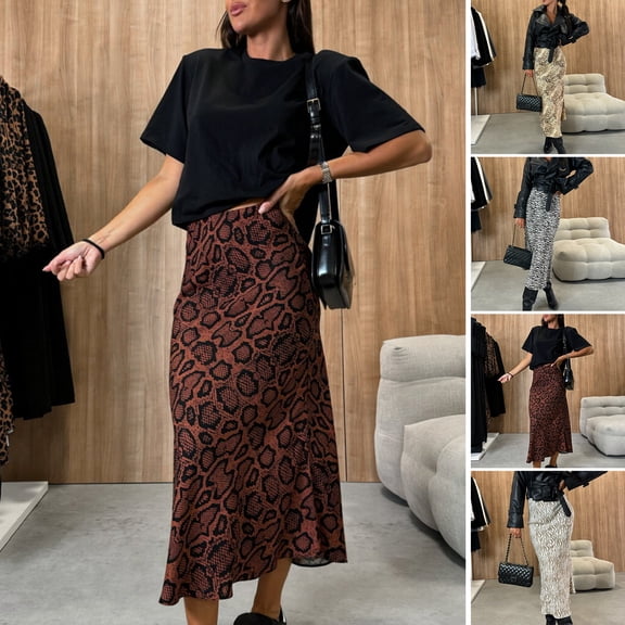 Joernso Women Midi Skirt High Waist Leopard Print Loose Fit Mid-calf Length Skirt Commuting Style Zipper Design Skirt