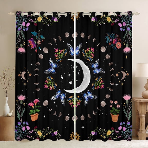 Castle Fairy Floral Flowers Butterflies Blackout Curtains Set of 2 (52x84 Each) for Teens Adults,Starry Sky Window Curtains,Bohemian Boho Curtains and Drapes,Lightweight Room Decor
