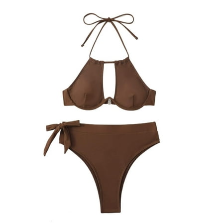 Womens Cutout Halter Top & Knot Side High Waist Bikini Bottom  Bathing Suits Swimsuits For Women