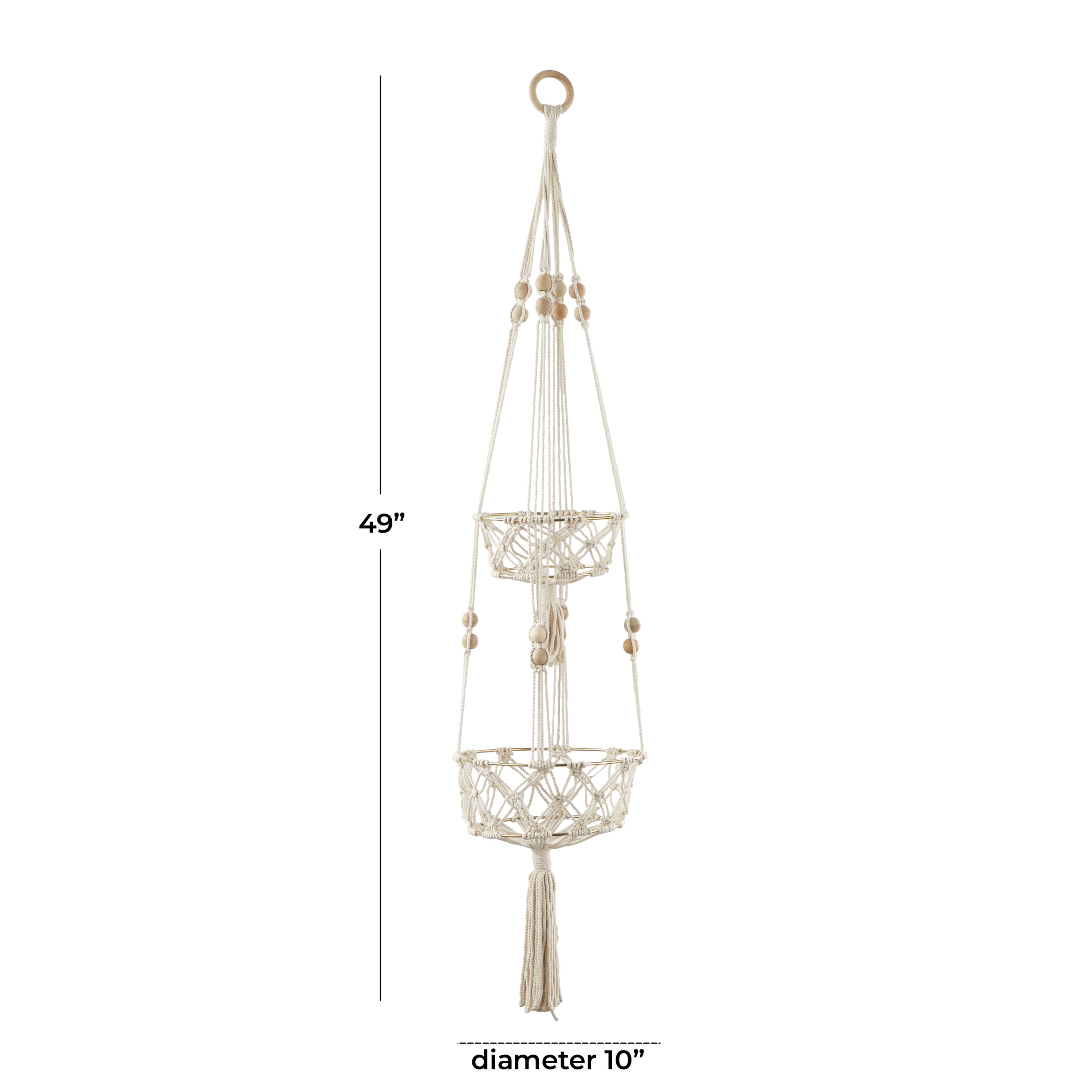 DecMode 10" x 10" x 49" Round White Fabric Handmade Hanging Macrame Wall Planter