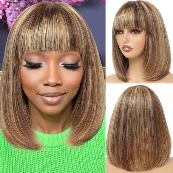 Bob Wig with Bangs Human Hair P4/27 Straight Wig Human Hair Short Human Hair Glueless Wear Wig Ombre Blonde Highlight Short Bob Wigs for Black Women