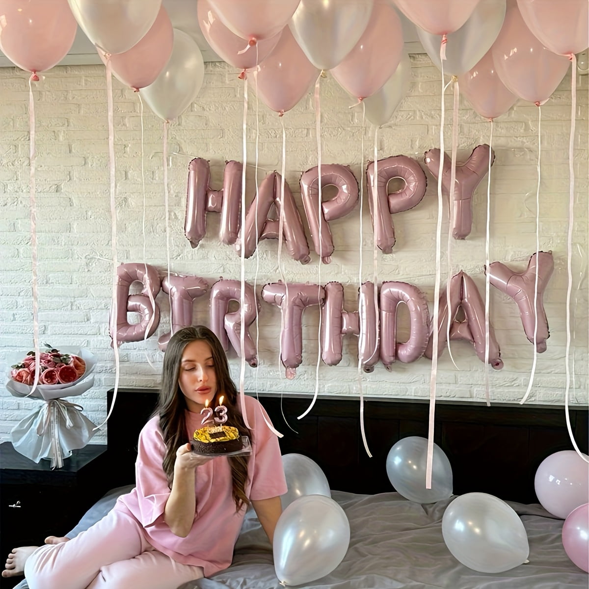 53pcs Pink and White Birthday Balloon Set - Pink Heart-Shaped Latex Balloons with "Happy Birthday" Letter Balloons,Aluminum Film Balloons for Birthday Parties
