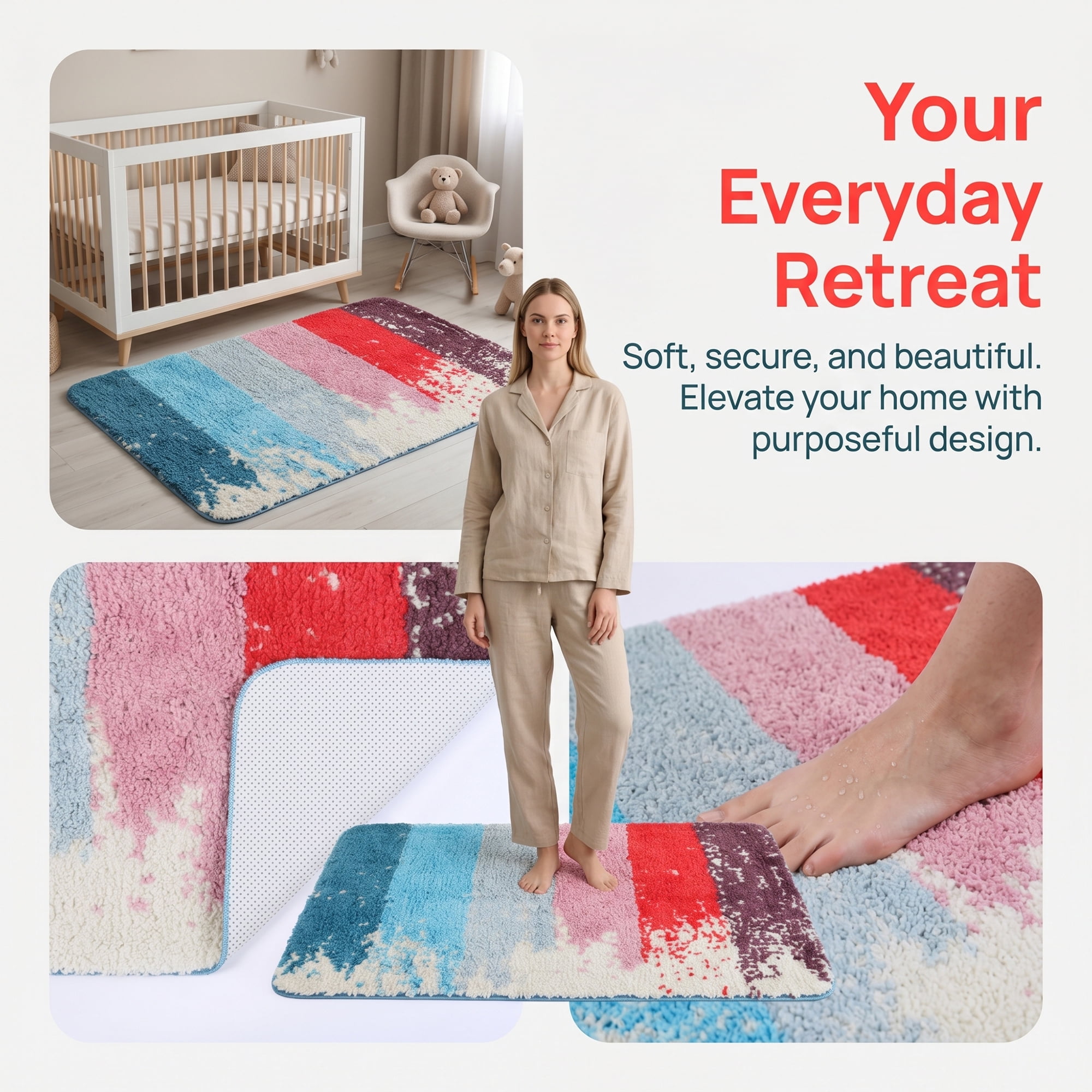 Unique Bargains Non Slip Machine Washable Plush Shaggy Bath Mat Multicolor 32" x 20"