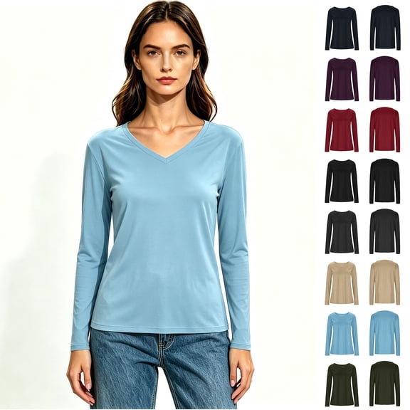 Women’s V Neck Long Sleeve Basic T-Shirt, Womens Everyday Casual Top, Women's Plus, Size S-4XL