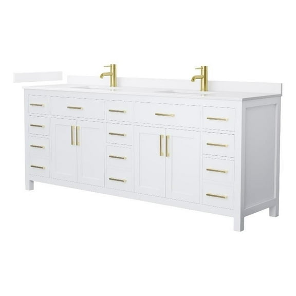 Beckett 84" White Double Vanity & White Quartz Top (1-Hole) & Gold Trim