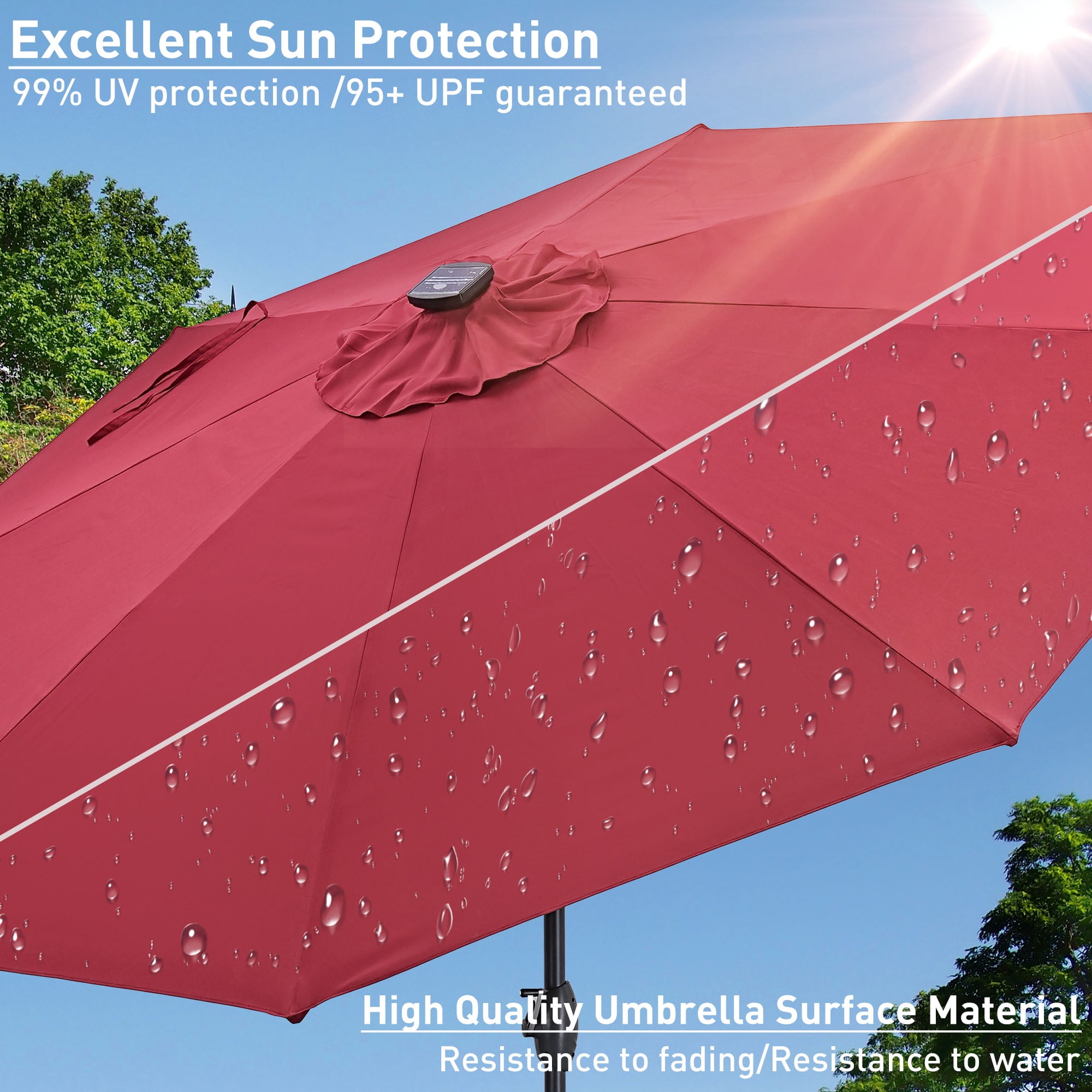 Ainfox 10ft Patio Umbrella with lights, Outdoor Table Sun Shade Umbrellas with Push Button Tilt/Crank, 8 ribs,Wine Red