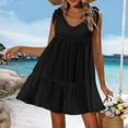 thumbnail image 7 of Alkepwun Mini Dress Womens Summer Solid Casual V Neck Sleeveless Tie Strap Tiered Sundress Loose High Waist Off-Shoulder Ruffle Swing A Line Short Dresses, 7 of 7