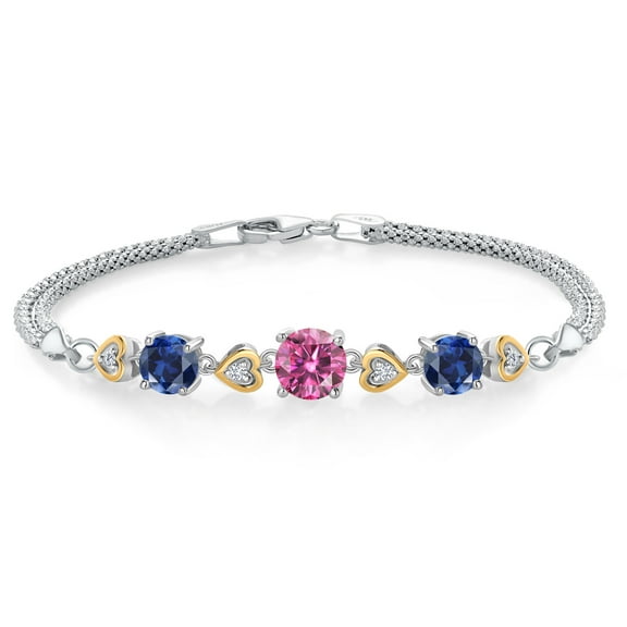 925 Sterling Silver and 10k Yellow Gold Pink Moissanite Blue Created Sapphire and White Lab Grown Diamond Bracelet for Women (3.28 Cttw, Round 7MM and 6MM, 6.5/7/7.5 inch, Made in Italy)