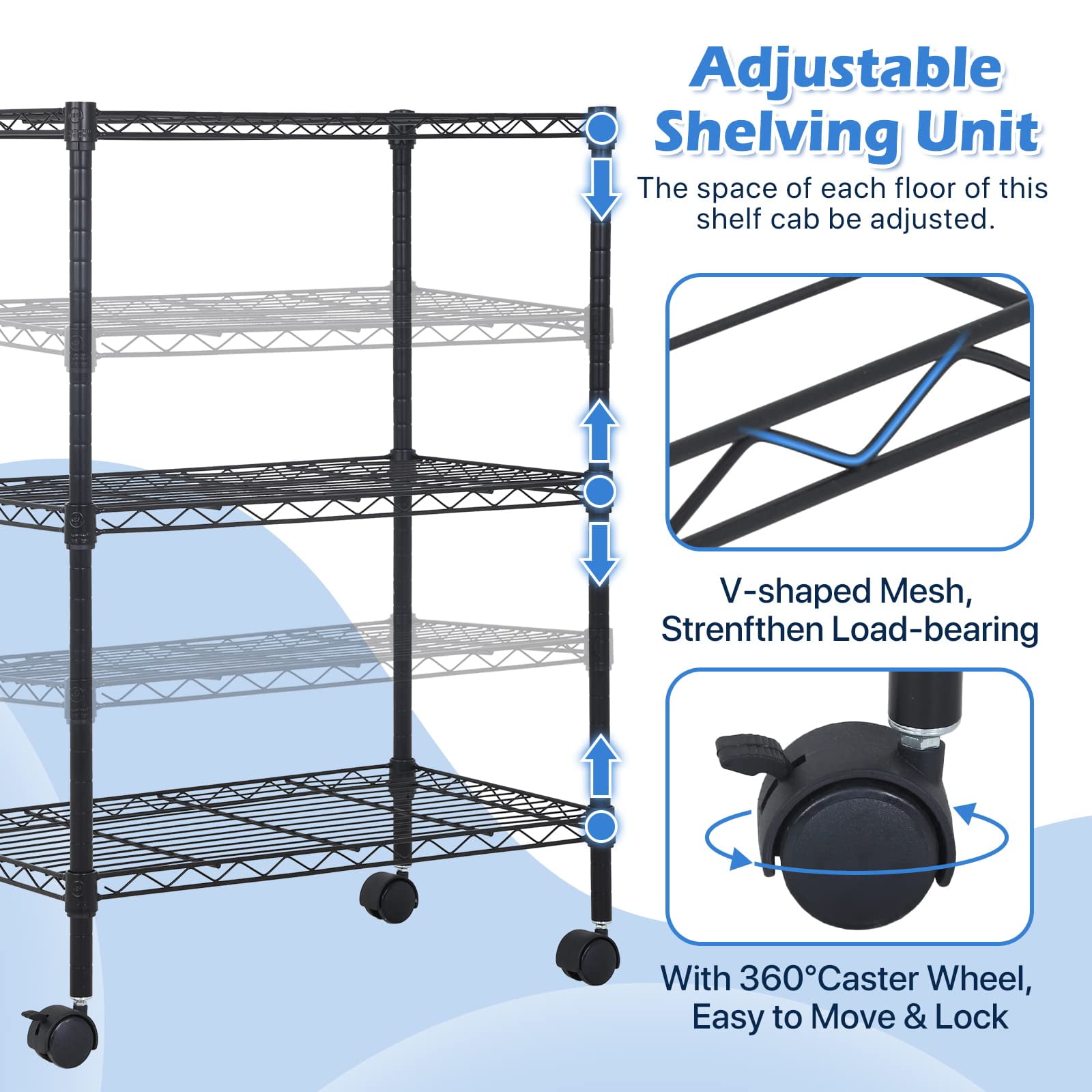 NiamVelo 3-Tier Wire Shelving Unit, NSF Metal Storage Shelves Adjustable Wire Shelf with Wheels for Kitchen Office Pantry Bathroom Garage, Black