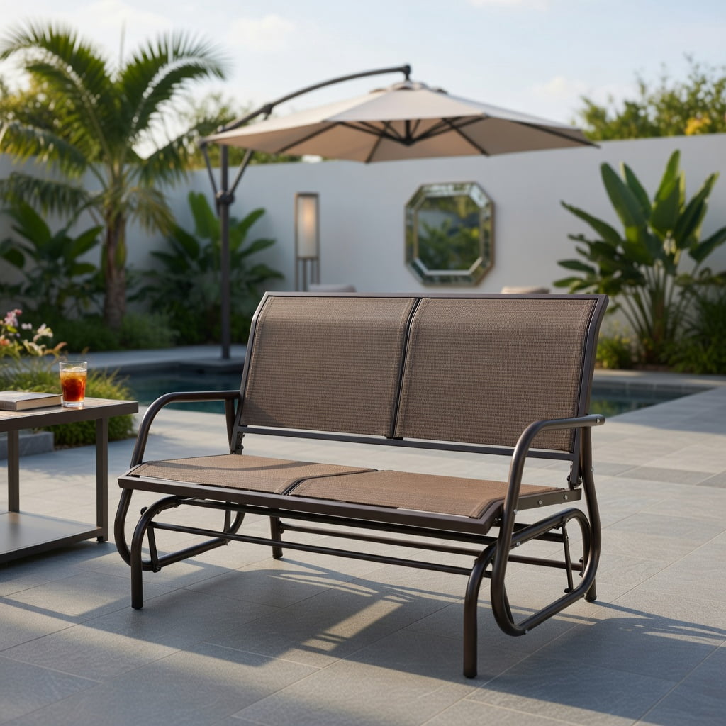Hommoo 48" Steel Frame Outdoor Glider Loveseat Rocker Chair, Rust-Resistant, Breathable Fabric, Patio Swing Bench for Backyard, Porch & Garden, Brown