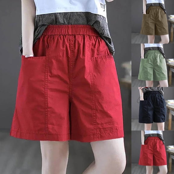 YOIAVAIOY Women's Work Short Pants High-Waist Loose Fit Wide-Leg Shorts Slimming Stylish Five-Button Shorts Green M