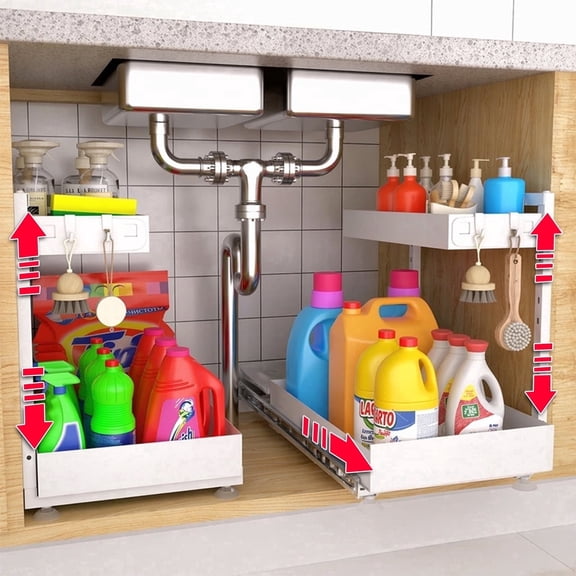 Eclaron 2-Pack Metal Under Sink Organizer, 2-Tier Pull-Out Cabinet Shelf with Adjustable Slide-Out Drawer for Kitchen and Bathroom, White